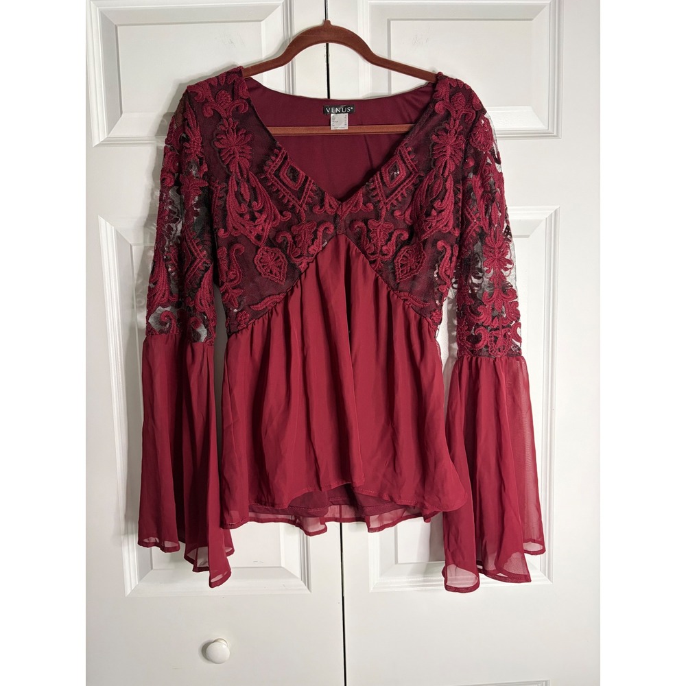 Venus Burgundy Lace Sequin V-Neck Bell Sleeve Blouse Top Wine Boho Size 8 Medium